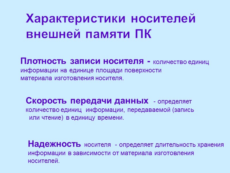 Характеристики носителей  внешней памяти ПК  Плотность записи носителя - количество единиц информации